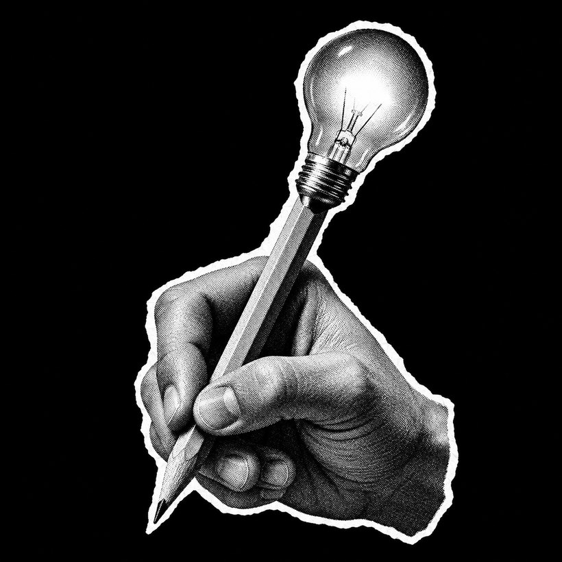 a hand holding a pencil with a lightbulb tip