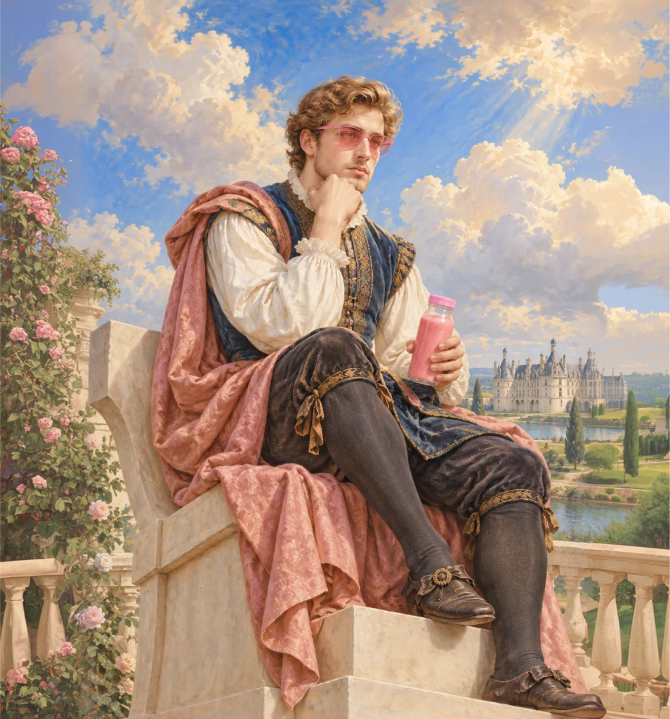 a young man in renaissance dress sitting on a balustrade, chin in hand, thinking