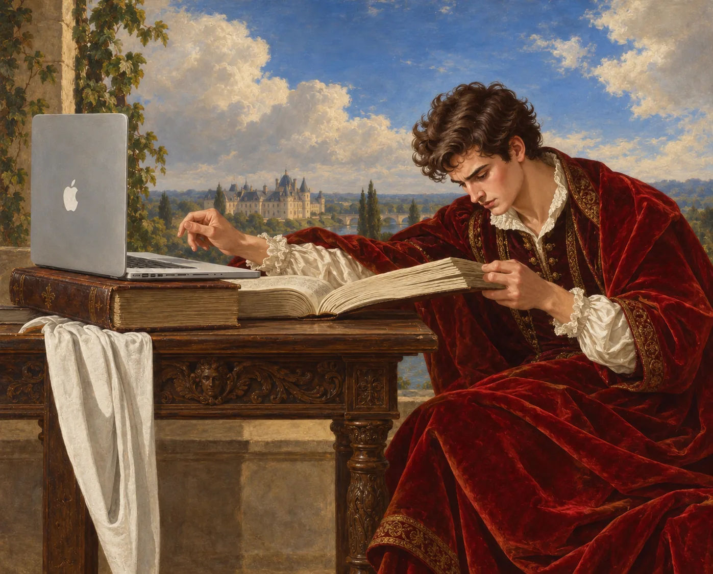 a young man in a red velvet robe reading a book at a desk beside a laptop