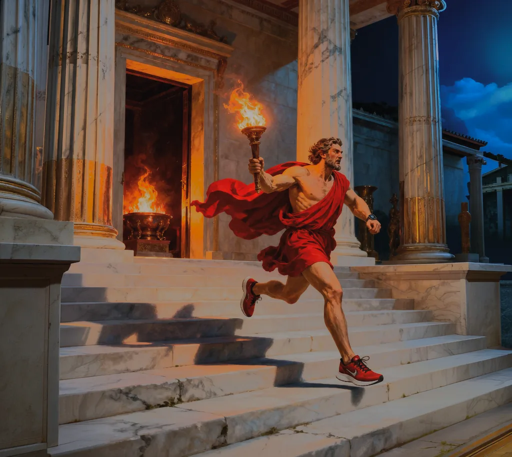 a runner in red carrying a torch down the steps of a temple