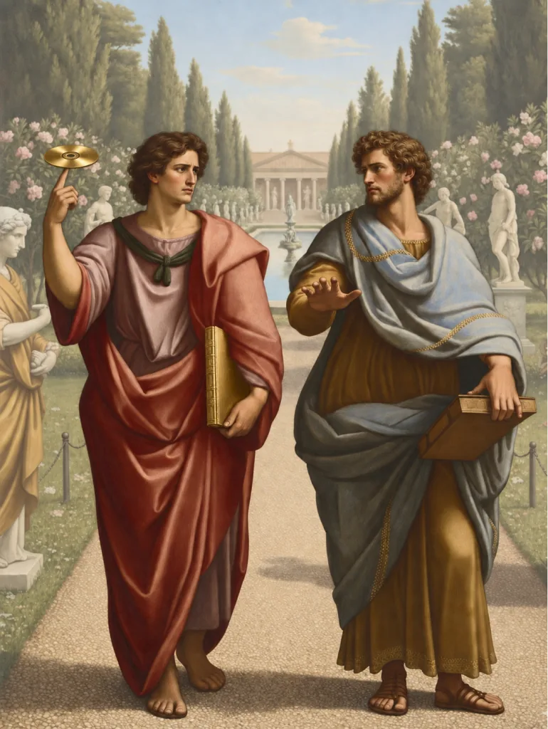two robed men walking and talking in a garden of statues
