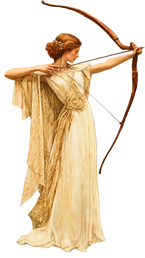 a woman in a cream gown drawing a bow in front of a golden disc
