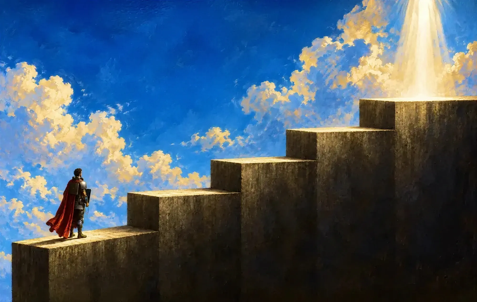 a caped figure at the foot of five stone steps rising into a beam of light through a painted sky