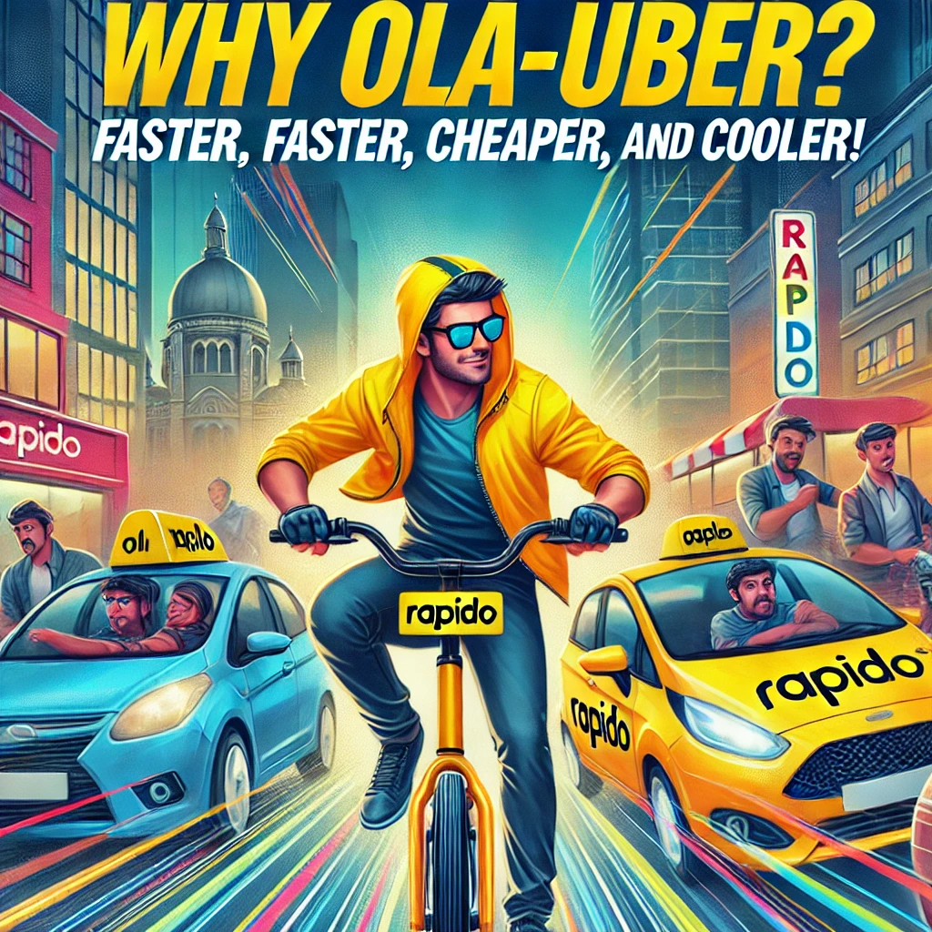 DALL·E 2025-02-01 15.27.51 - A fun, vibrant advertisement image for Rapido with the tagline 'Why Ola-Uber_ Rapido’s faster, cheaper, and cooler!' The scene features a cool, confid.webp