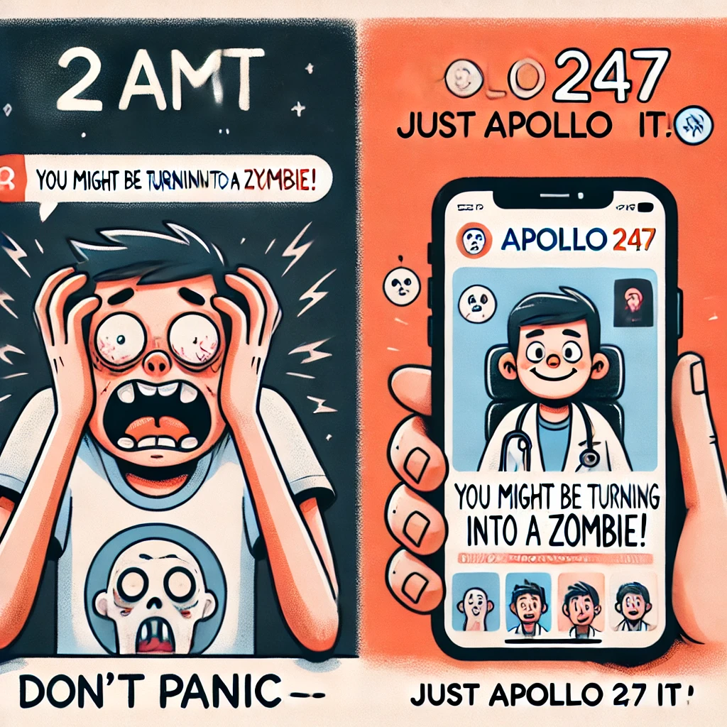 DALL¡E 2025-02-07 17.01.55 - A fun cartoon-style illustration showing a split-screen comparison_ _- Left side_ A person panicking at 2 AM, searching symptoms on their phone, with .webp