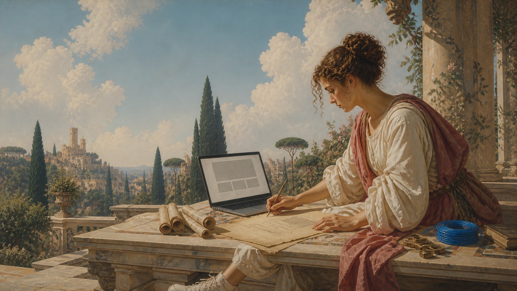 A maker defining the first page of a product at a laptop beside vellum interface sketches