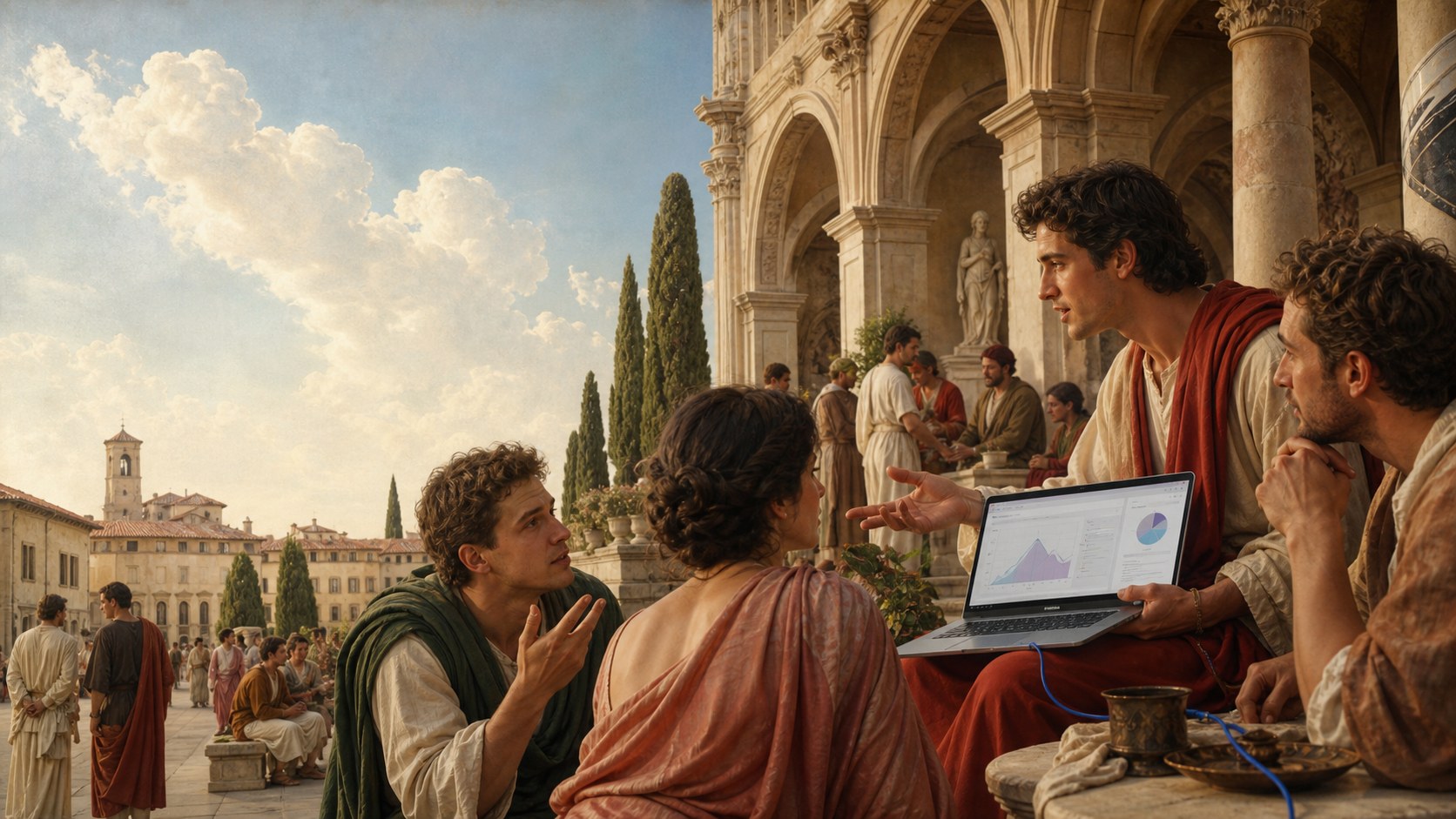 A product builder pitching a new digital product to prospective users in a lively Renaissance civic courtyard