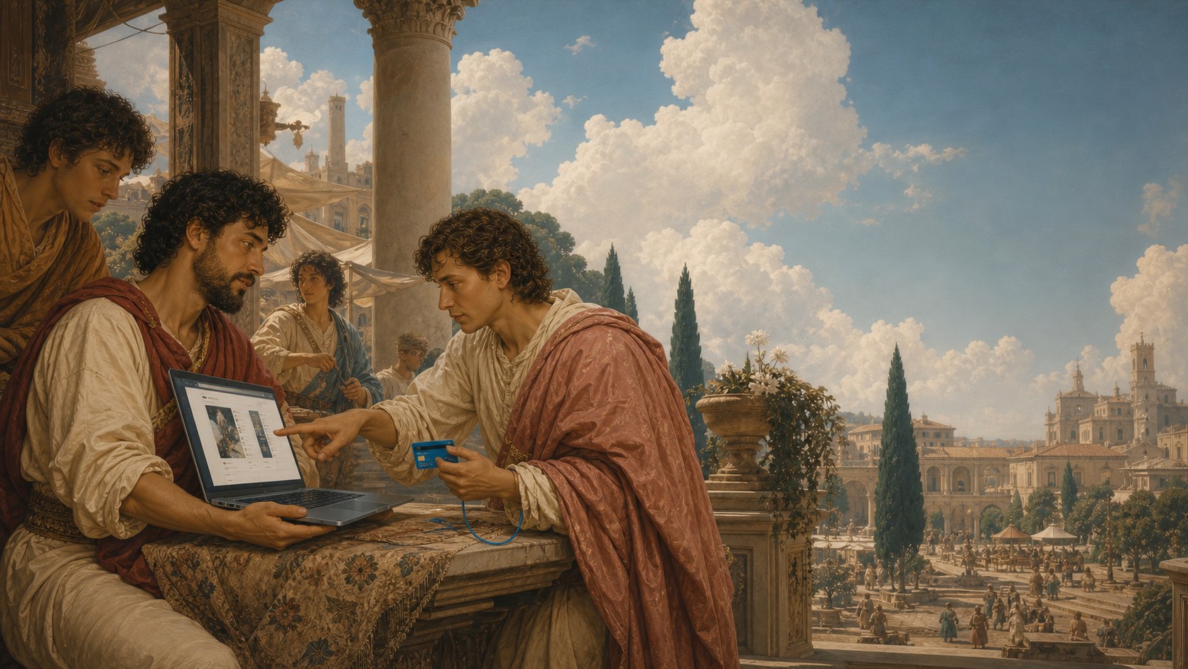 A maker completing the first sale of a digital product in a Renaissance market loggia
