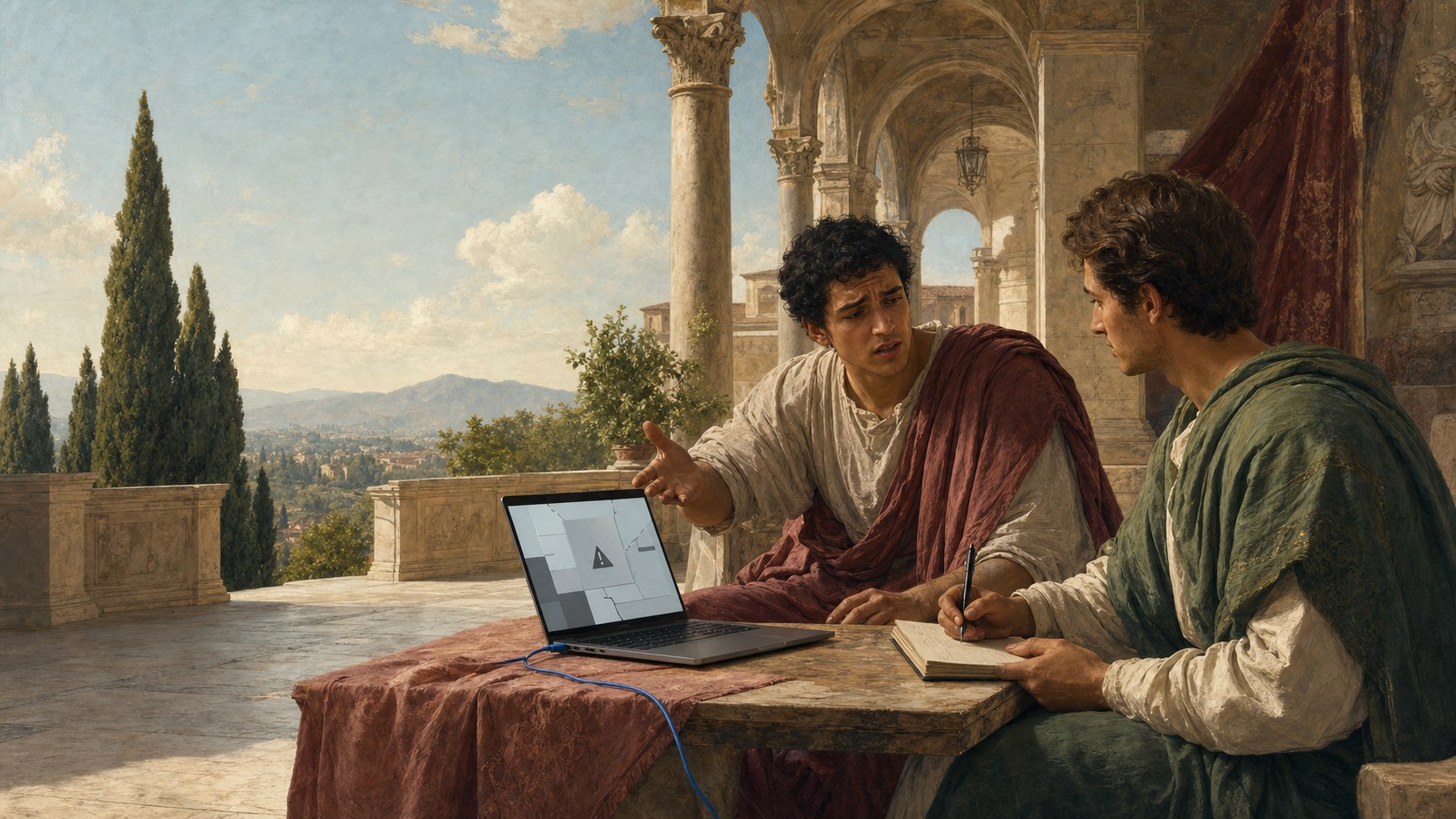 A disappointed user explains a broken digital product while its builder listens and takes notes in a Renaissance portico