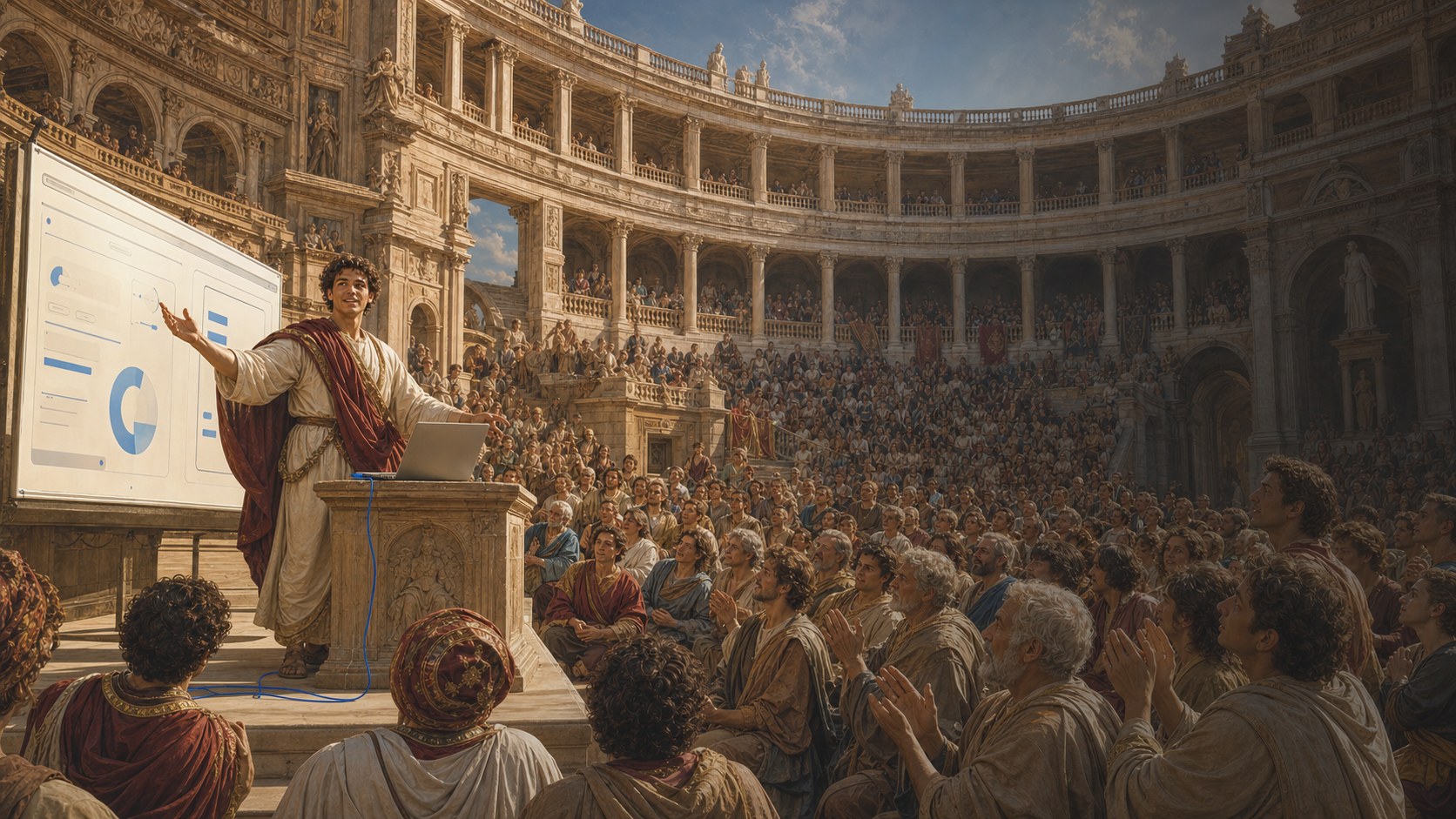 A maker demos a working digital product to a packed audience in a grand Renaissance amphitheatre